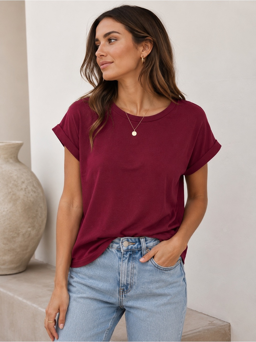 SHEIN Deep Berry Soft Knit Rolled Sleeve Tee Size Large